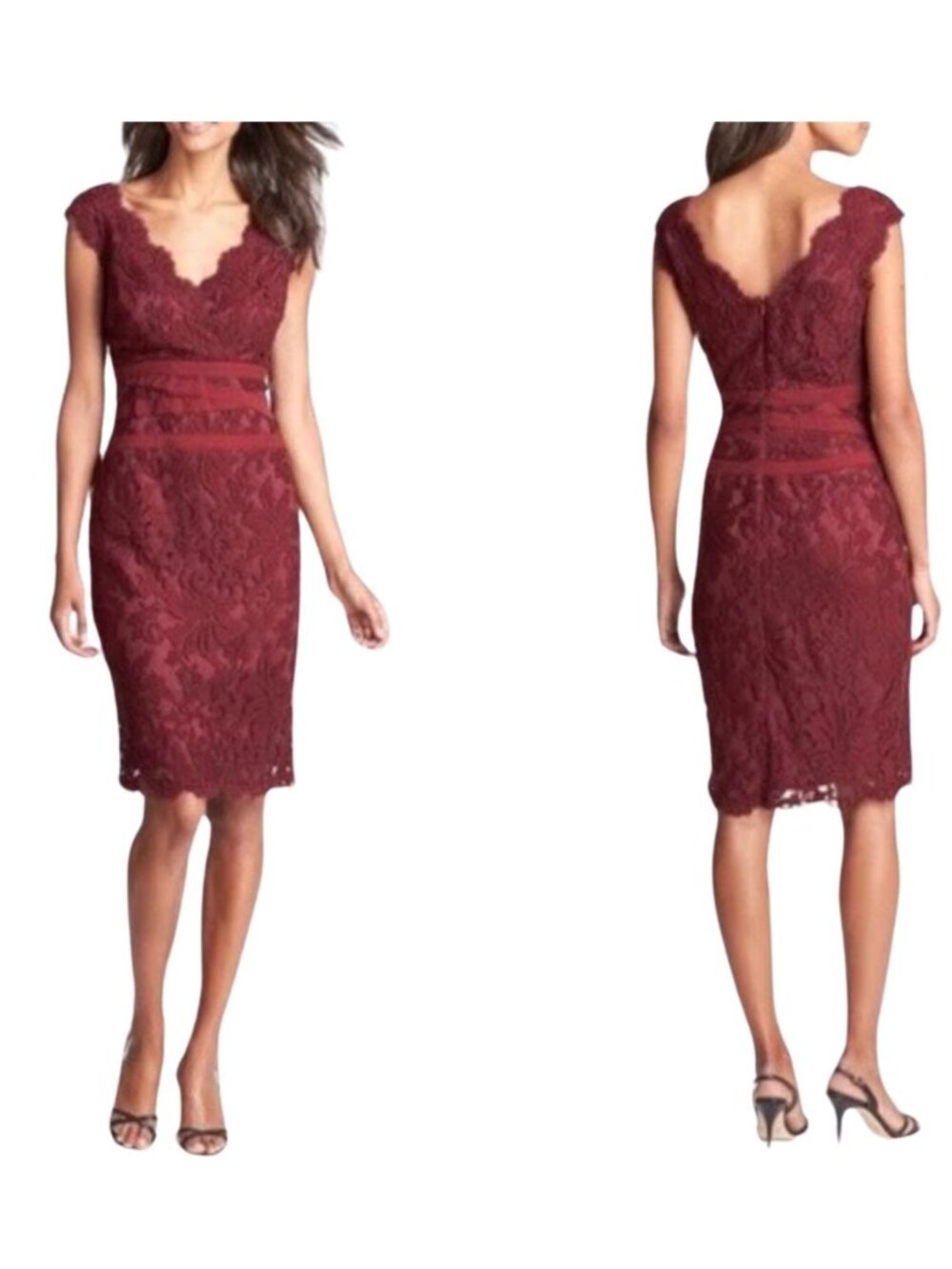Tadashi Shoji Maroon Lace Cocktail Sheath Dress Sz 14 Sleeveless Banded Waist
